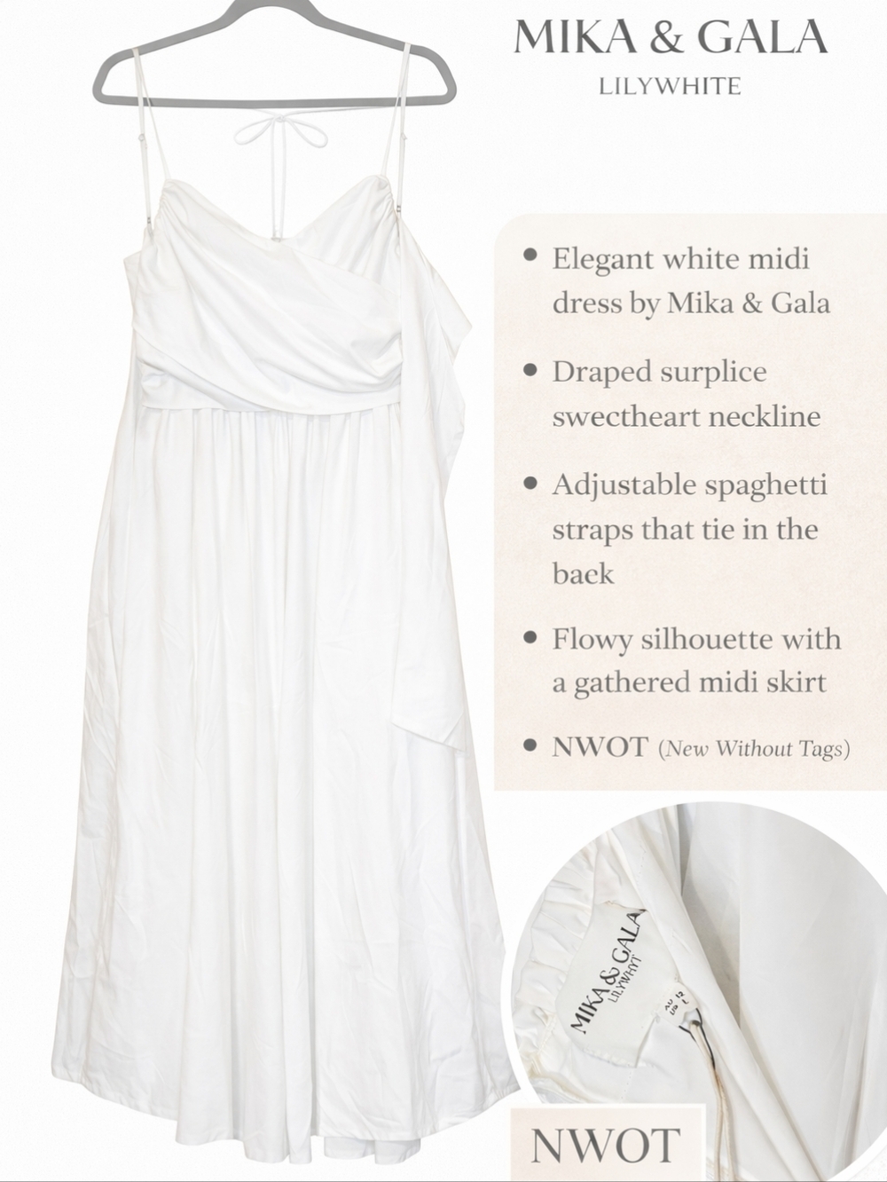Mika & Gala Lilywhite Spaghetti Strap White Mid Calf Dress